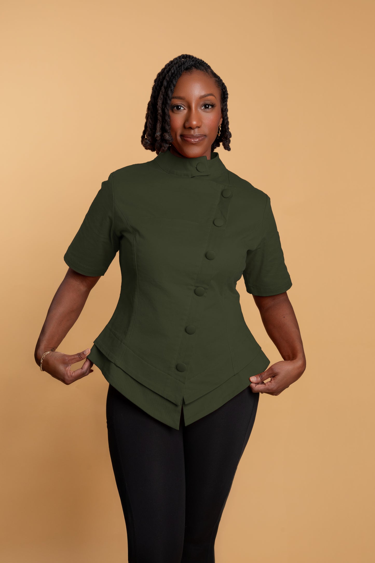 Flattering Olive chef uniform with cinched waist