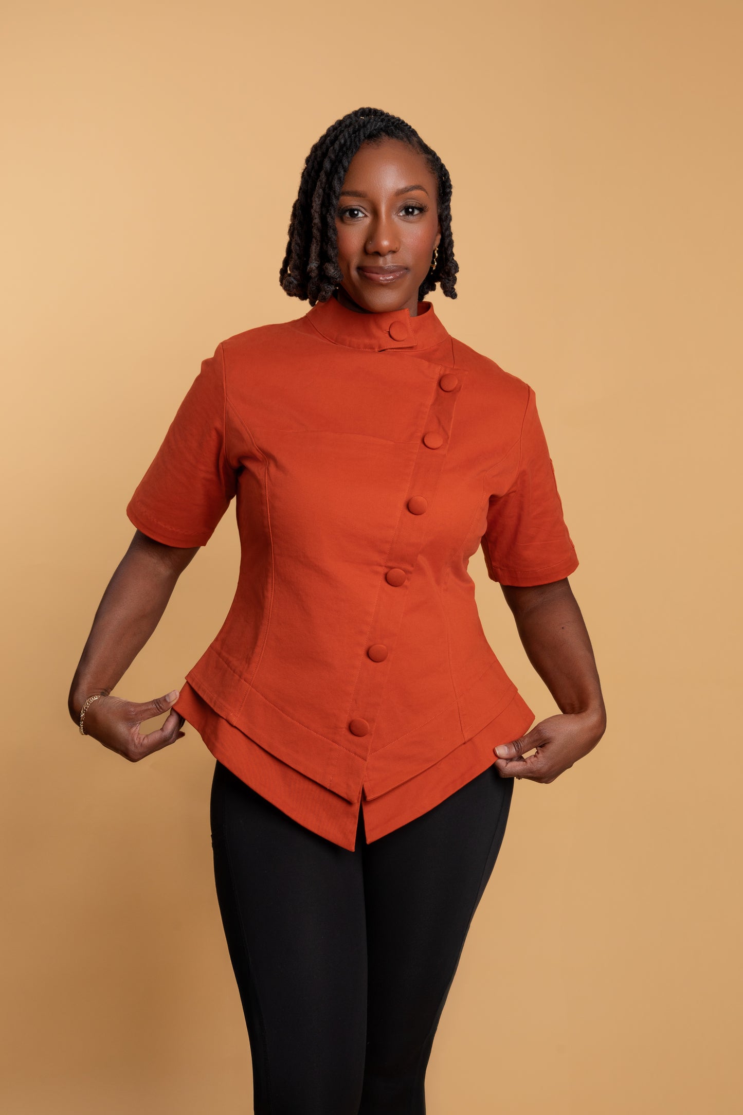Signature Persimmon short sleeve chef coat – size medium on model