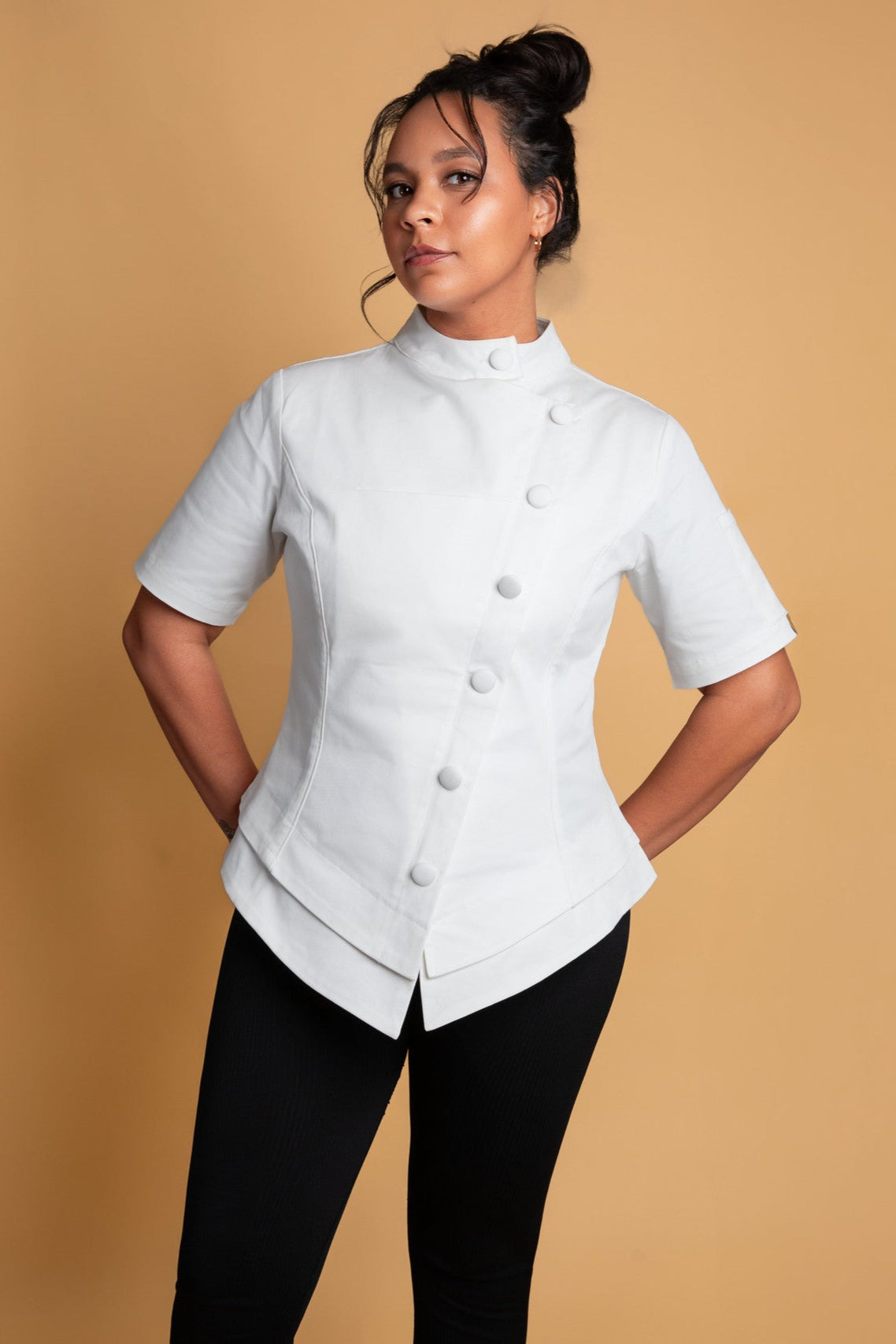 White chef coat for women with hidden zipper