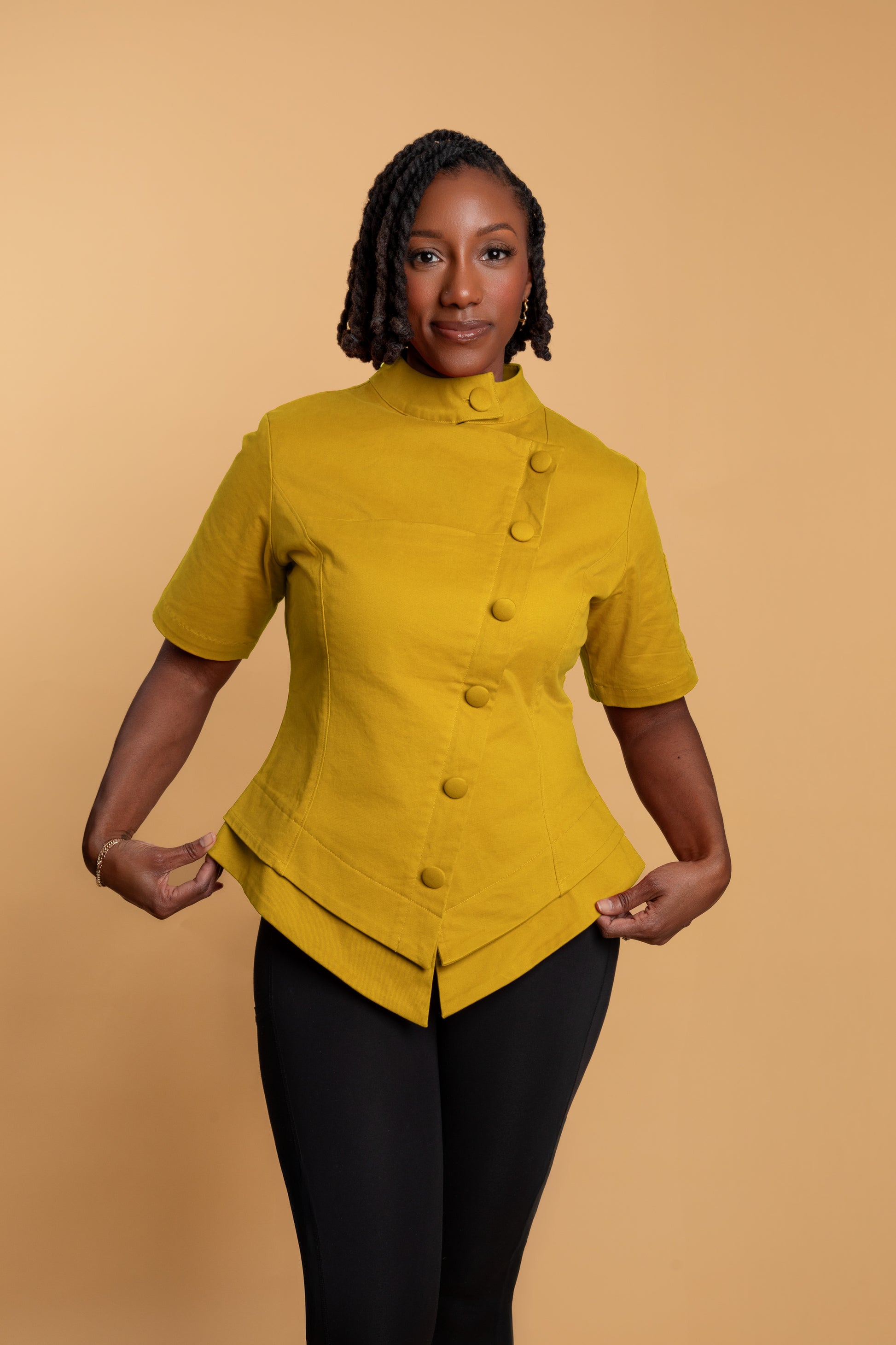 Flattering women’s chef uniform in Mustard color