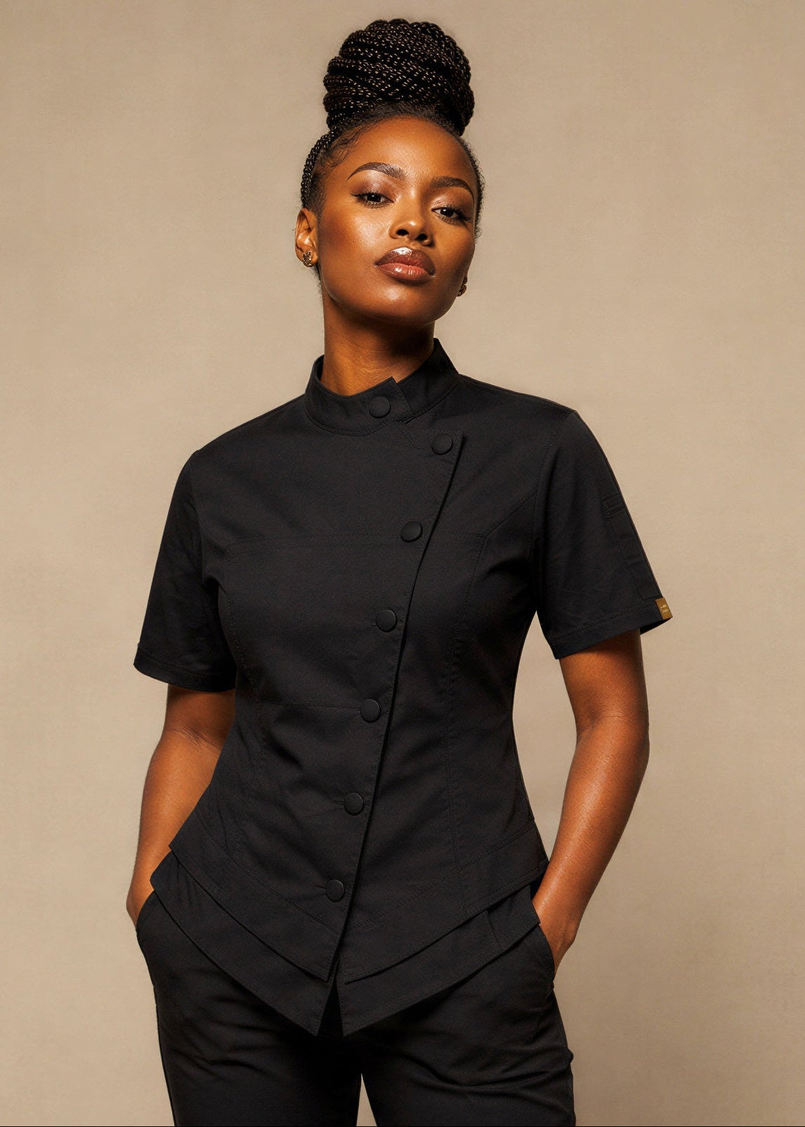 Saisha wearing Black Currant women's chef coat by The Modern Culinarian